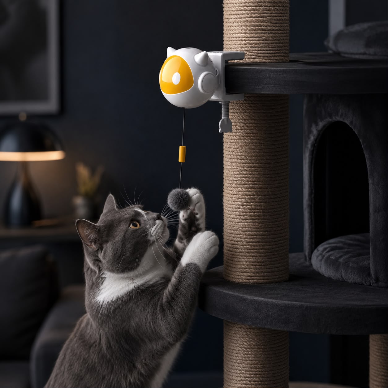 Gato jugando con Zyvora Play instalado en un rascador